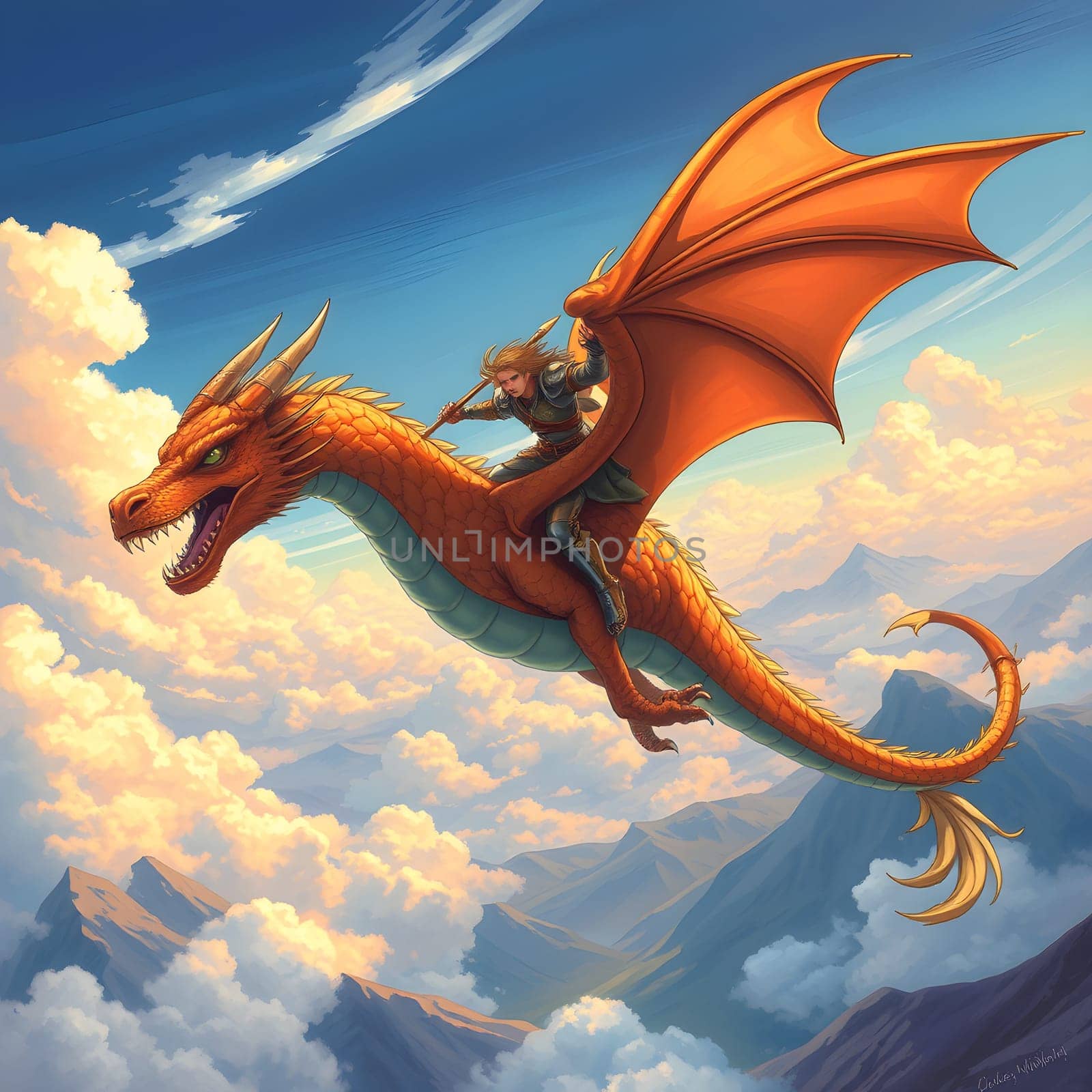 rider flying on orange dragon, big wings, blue sky and white clouds, chinese symbol, fantasy illustration . High quality illustration