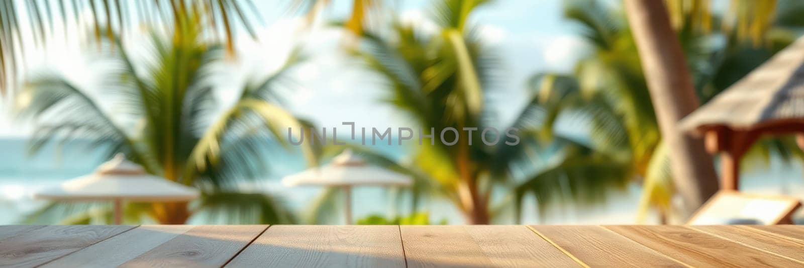 Bright sunlight casts a warm glow over a tropical beach with lush palm trees swaying gently. A sturdy wooden table in the foreground invites relaxation and enjoyment of the scenery.