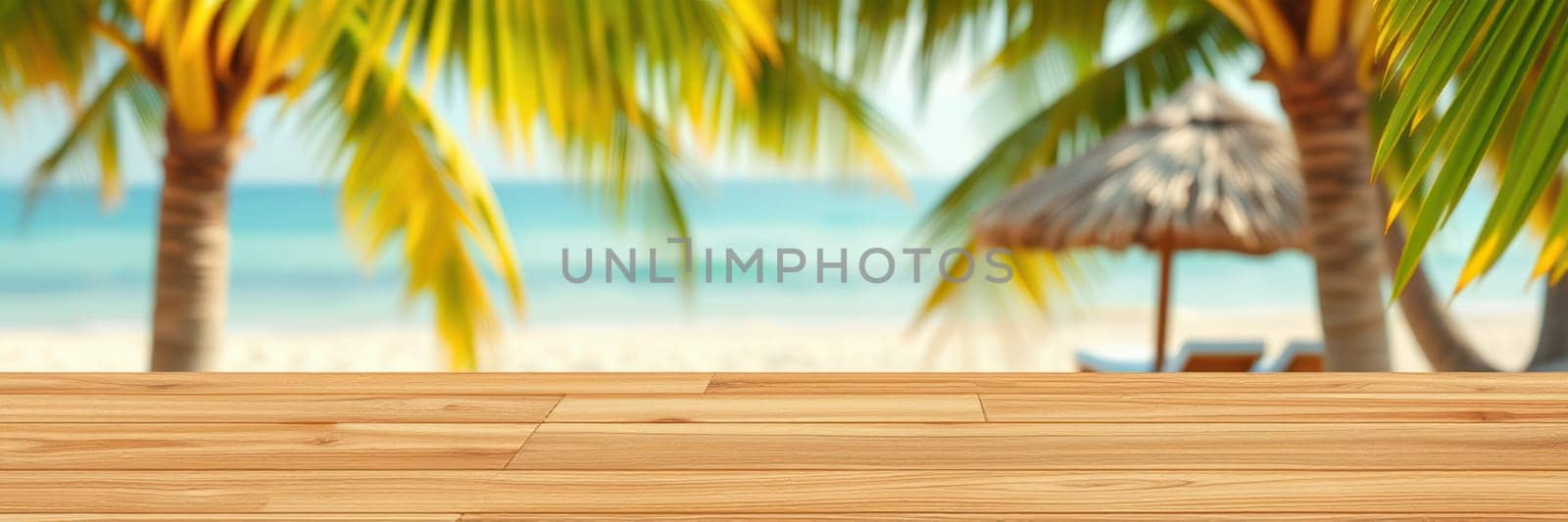 A wooden deck overlooks a tranquil beach adorned with vibrant palm trees. The clear blue ocean sparkles in the sunlight, creating a peaceful atmosphere perfect for relaxation.