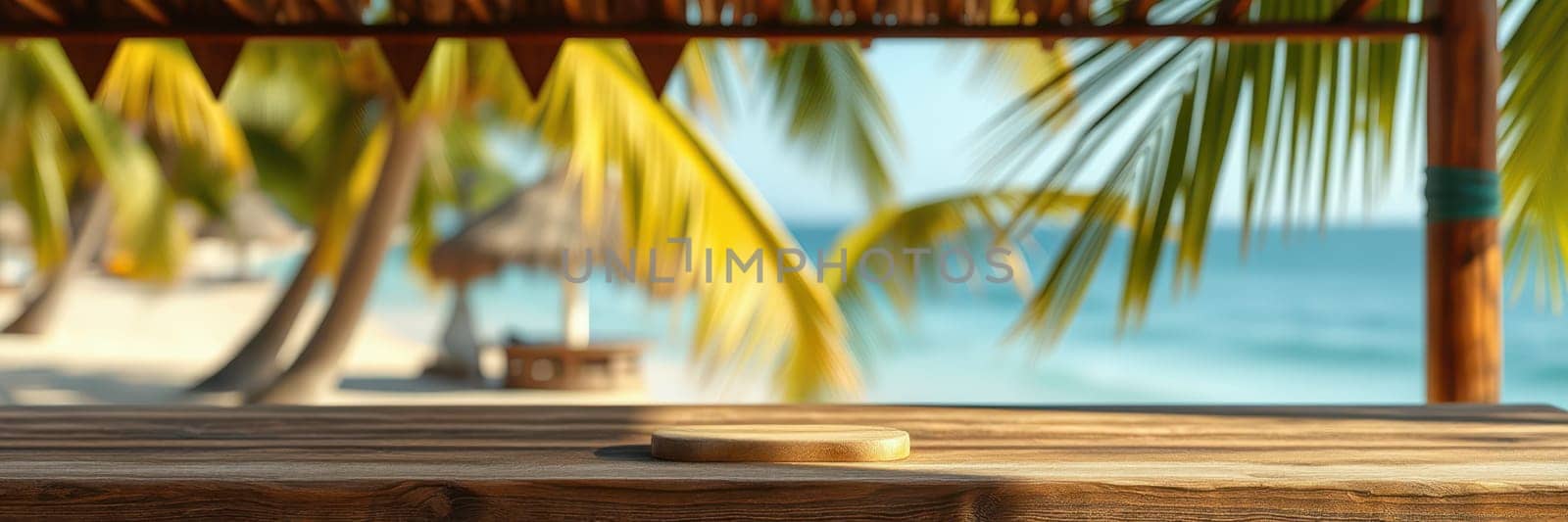 Sunlight filters through palm leaves, creating a serene atmosphere by the beach. A wooden table sits in the foreground overlooking gentle waves and distant huts.