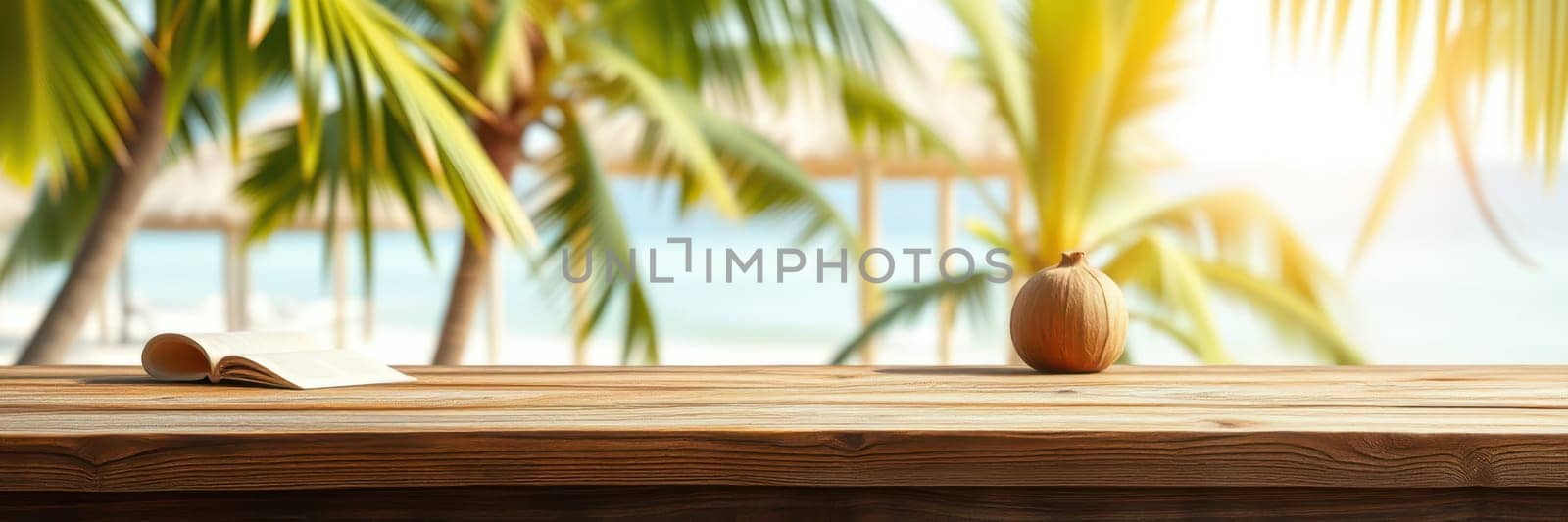 A peaceful tropical atmosphere features a coconut and an open book on a wooden table. Sunlight filters through palm trees as waves gently lap at the shore.