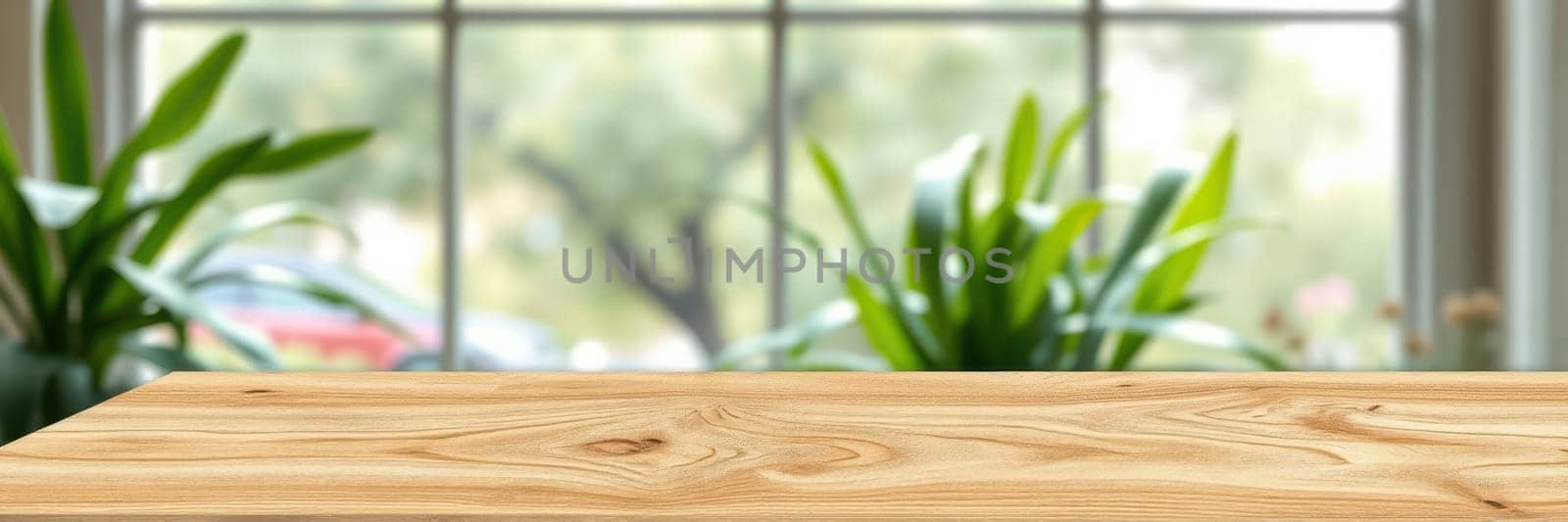 A wooden table sits empty in a bright room filled with natural light. Lush green plants are visible through large windows, bringing a refreshing ambiance to the space.