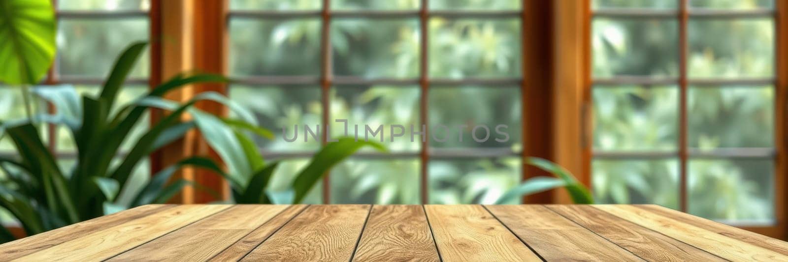 A rustic wooden table sits in a bright room filled with lush green plants. Large windows allow sunlight to pour in, creating a warm atmosphere throughout the space.