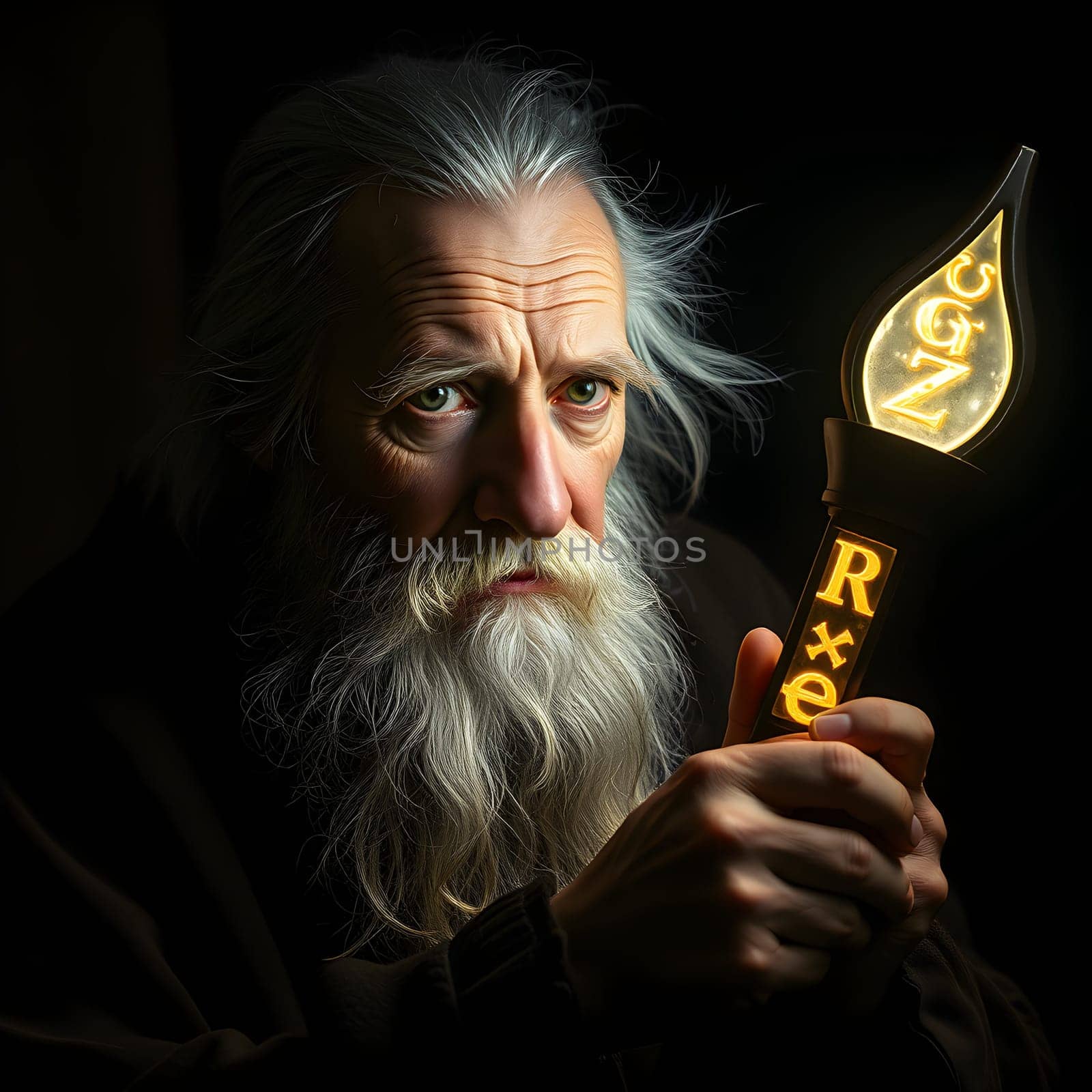 portrait of a wise old man with a staff, runes sorcerer, dark key. High quality photo