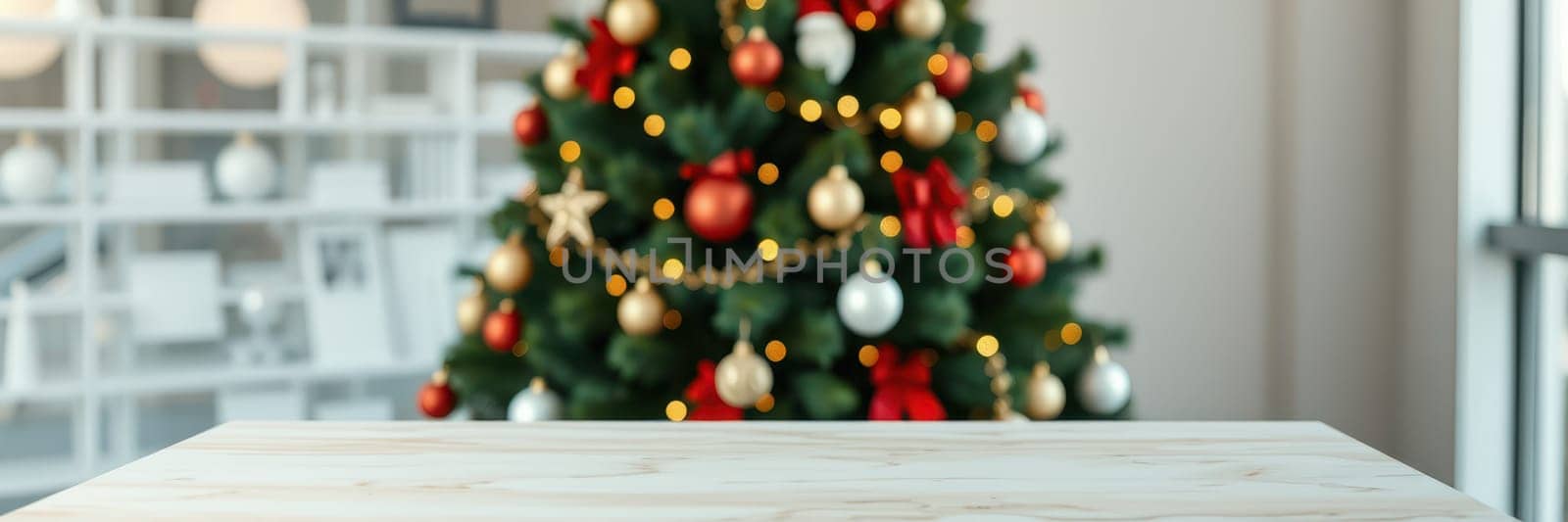 A decorated Christmas tree stands in a light-filled room, adorned with colorful ornaments and warm lights. A wooden table in the foreground awaits holiday treats or gifts.