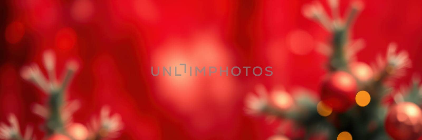 Bright red and green decorations set a cheerful holiday mood with sparkling elements. Ornaments and lights twinkle, enhancing the seasonal spirit during winter celebrations.