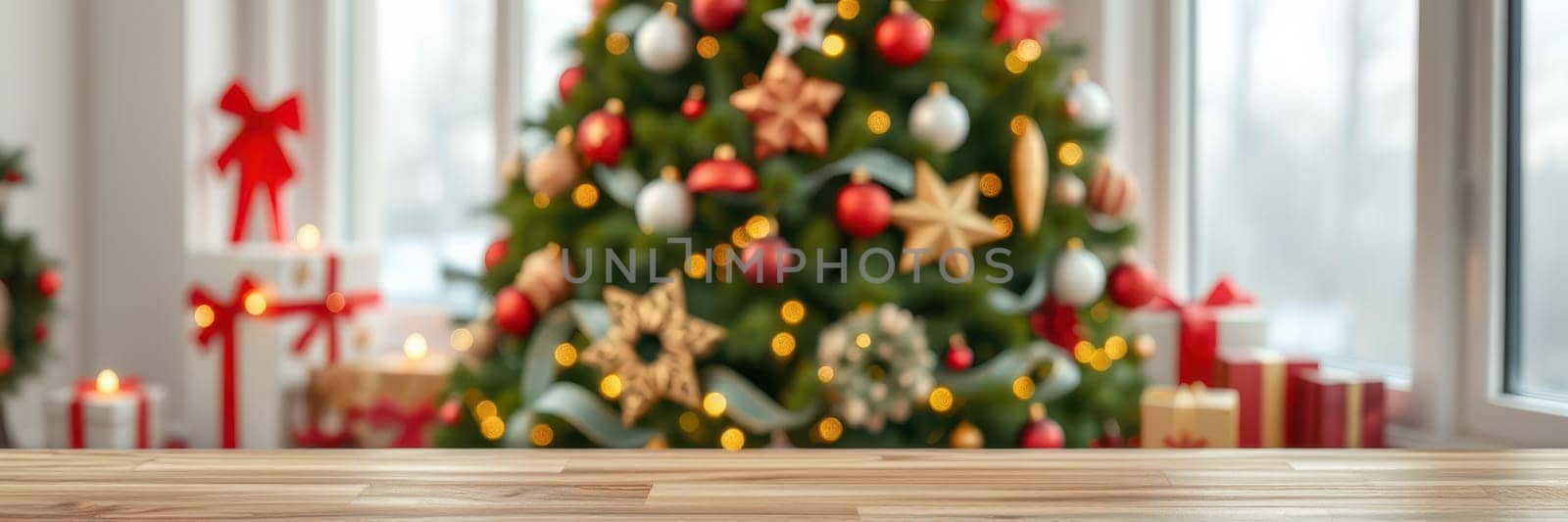 A vibrant Christmas tree adorned with ornaments and lights stands in a warmly decorated room. Colorful gifts are stacked nearby, creating a festive atmosphere perfect for celebrations.