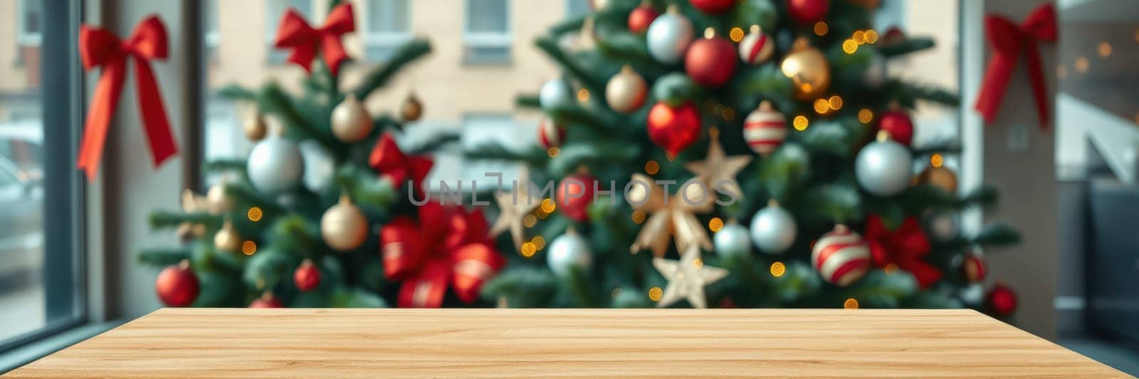 A warm and inviting atmosphere showcases a beautifully decorated wooden table in front of two vibrant Christmas trees adorned with ornaments and lights.