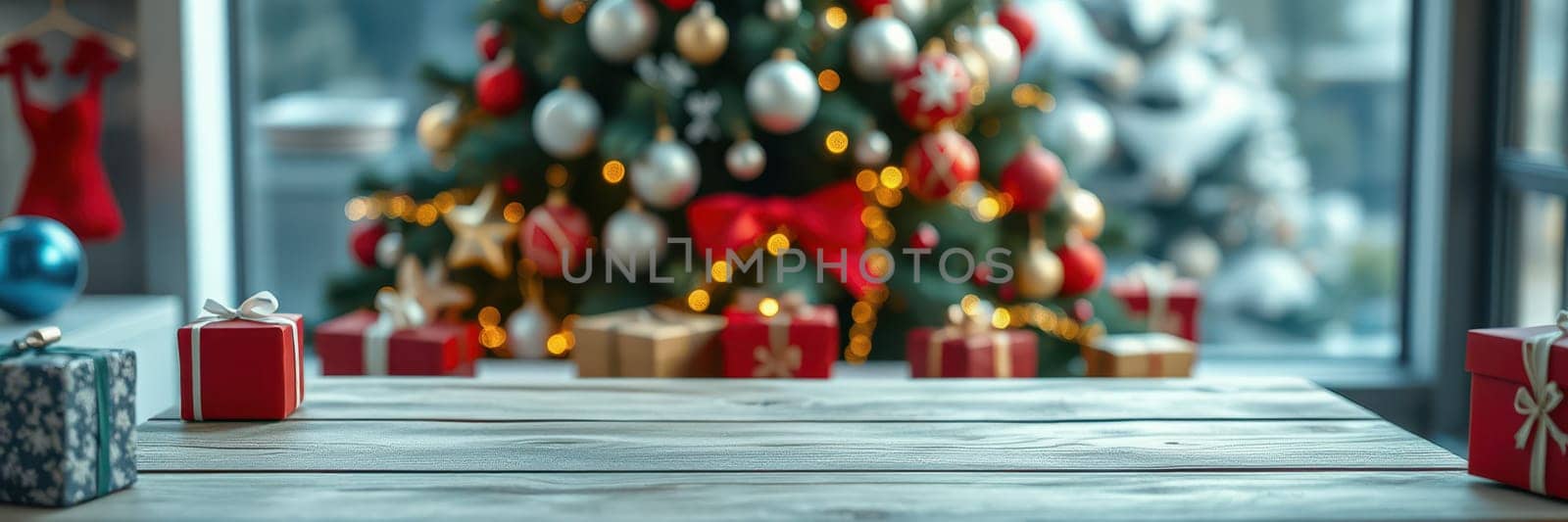 A serene indoor space showcases a decorated Christmas tree surrounded by numerous colorful presents. Soft lights create a warm, festive atmosphere perfect for the holidays.
