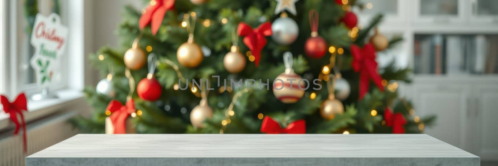 A beautifully decorated Christmas tree adorned with ornaments and ribbons creates a warm holiday atmosphere in a cozy room. A blank table awaits festive treats and decorations.