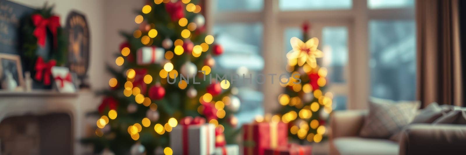 A cozy living room radiates holiday cheer with two beautifully adorned Christmas trees glowing with lights. Colorful wrapped gifts are placed underneath, enhancing the festive atmosphere.