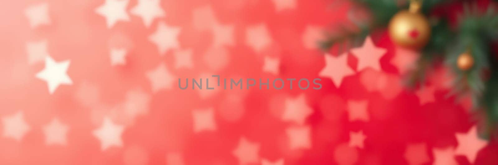 A close-up view of holiday decorations featuring shimmering stars against a soft, blurred red background. The scene evokes the spirit of celebration during the festive season.