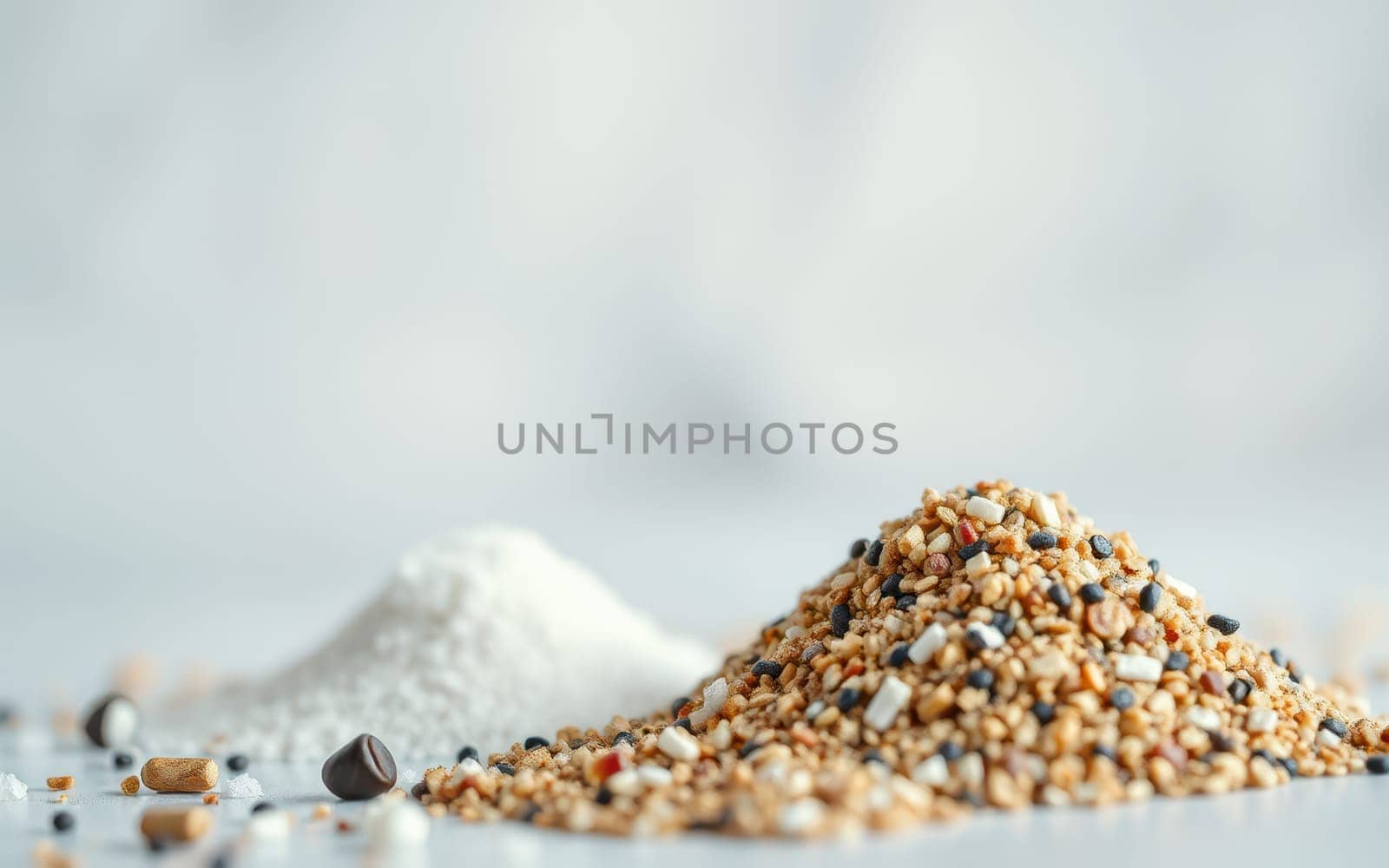 Various types of salt and sugar are arranged in small mounds on a smooth surface, showcasing their textures and colors in a kitchen environment. Ideal for cooking.
