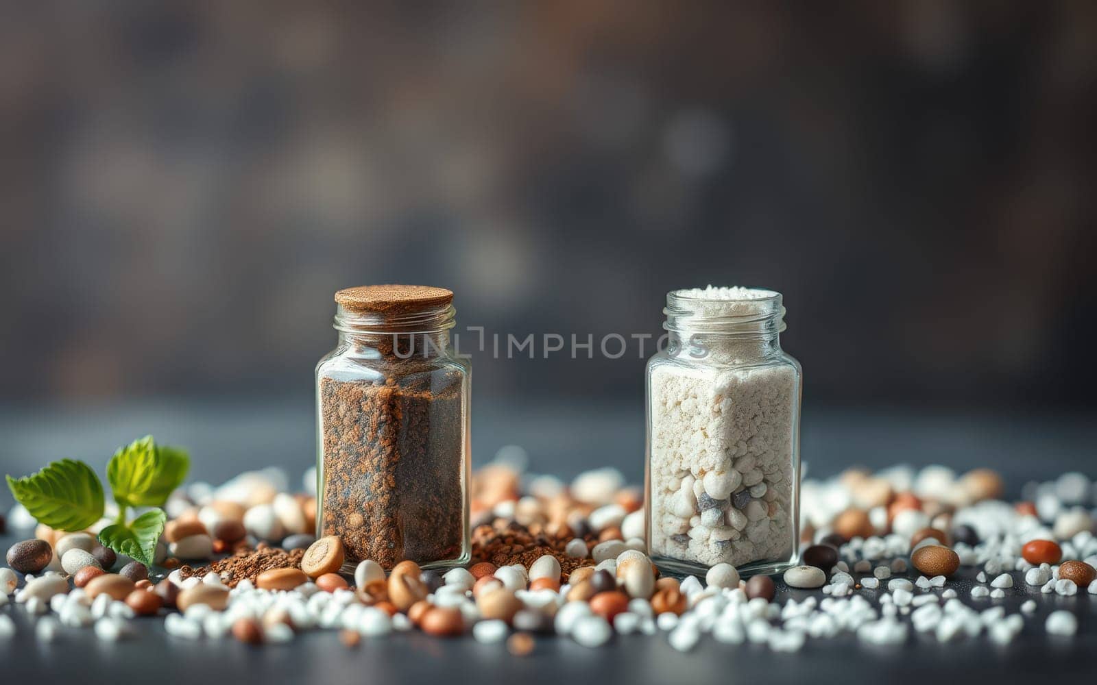 Two glass jars sit on a dark surface, one filled with ground spice and the other with salt. Various small grains and herbs surround them, creating a natural kitchen setting.