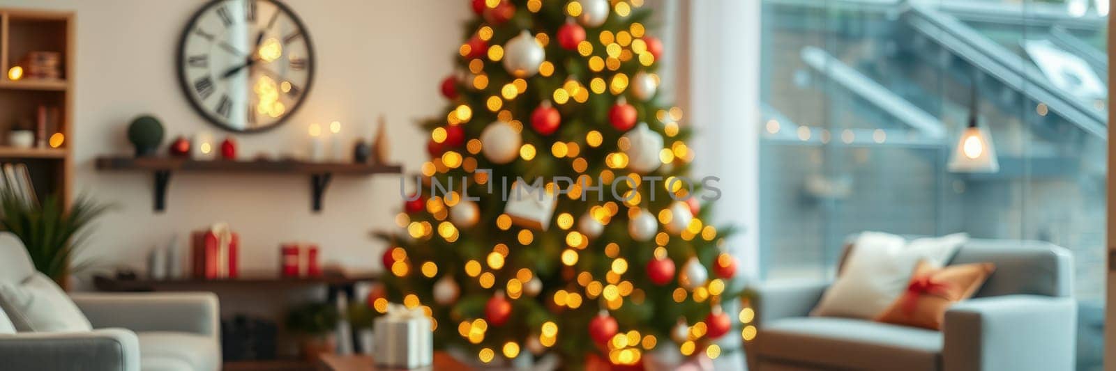 A warm living room features a large Christmas tree adorned with red and white ornaments. Soft golden lights illuminate the space, creating a festive atmosphere.