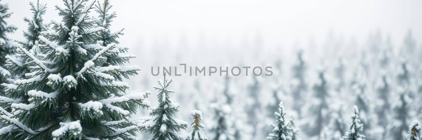 Snow blankets a forest filled with evergreen trees, creating a tranquil winter atmosphere. Fog envelops the scene, adding a sense of calm and mystery to the environment.
