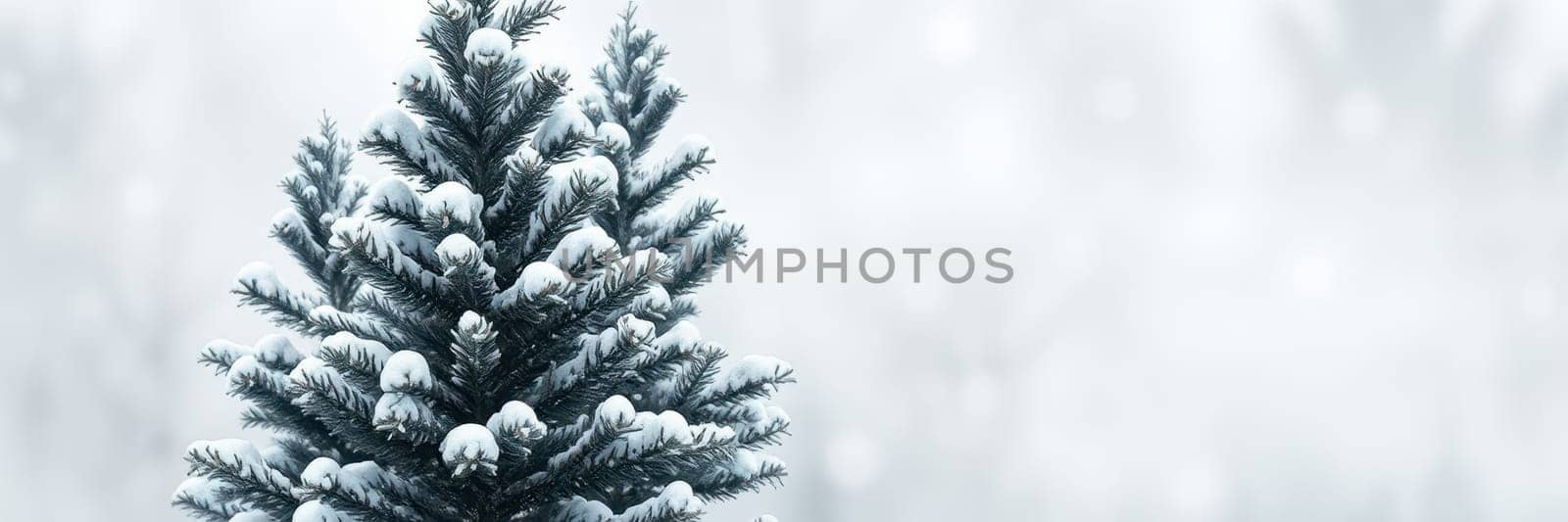 A solitary evergreen tree stands tall, fully blanketed in snow. Soft, gentle snowflakes fall around it, creating a peaceful winter scene.
