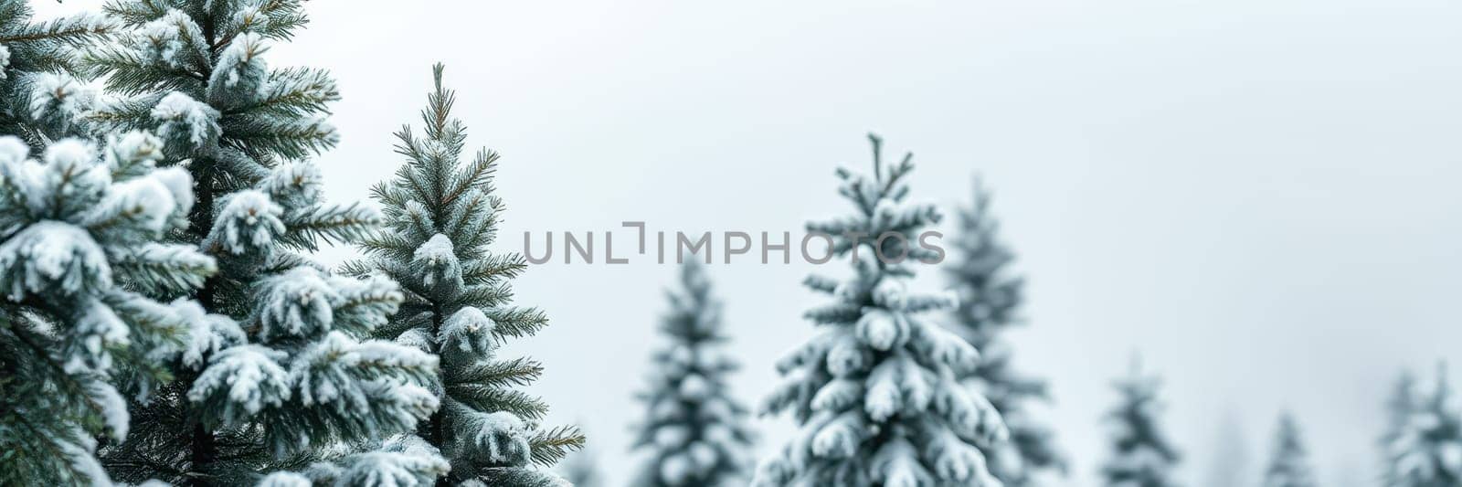 Evergreen trees blanketed in fresh snow create a serene winter scene. The gray sky looms softly above, enhancing the peaceful atmosphere of the natural setting.