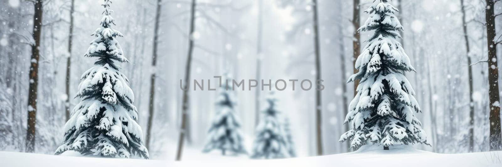 A tranquil forest features tall trees blanketed in fresh snow, creating a serene atmosphere. Soft snowfall adds to the winter charm, inviting calmness and reflection.