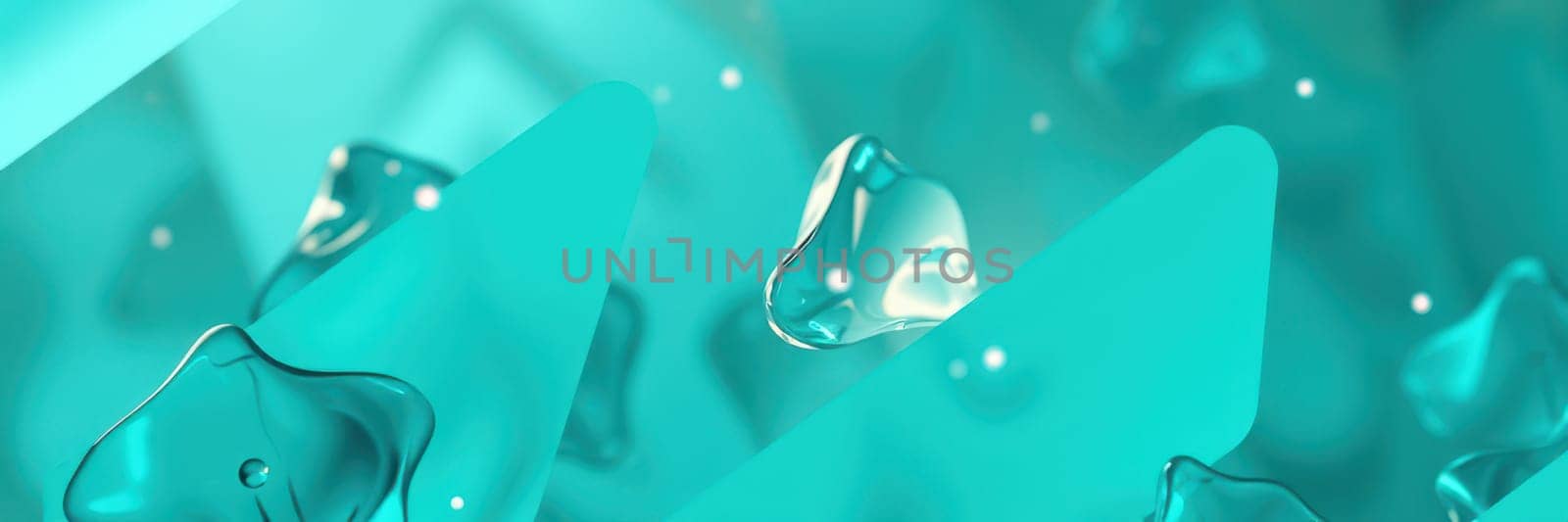 Soft turquoise shapes and liquid droplets float gracefully, creating a calming atmosphere filled with gentle light reflections. The composition evokes tranquility and creativity.