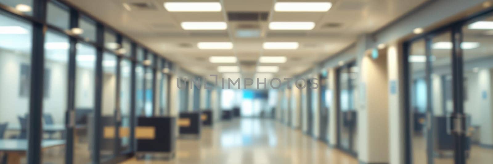 Brightly lit office hallway features glass walls on either side, with empty workspaces visible. Natural light floods the area creating an open and spacious atmosphere.