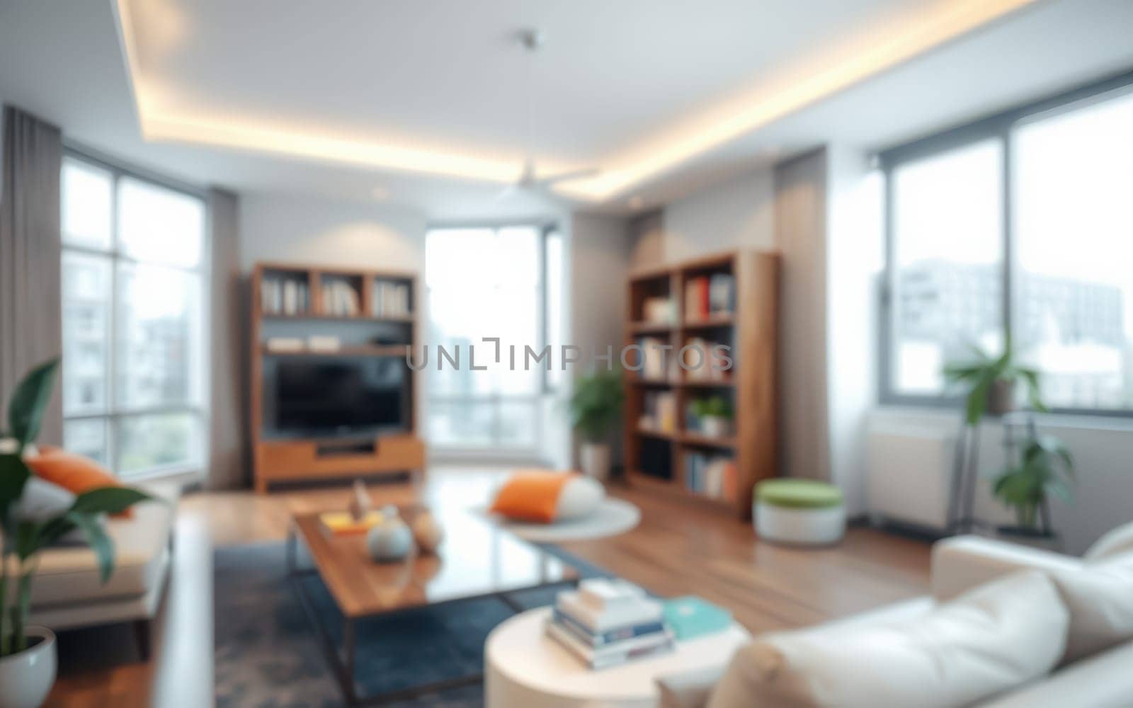 A contemporary living room features large windows, elegant furniture, and vibrant décor. The space is brightened by natural light and showcases a cozy atmosphere for relaxation.