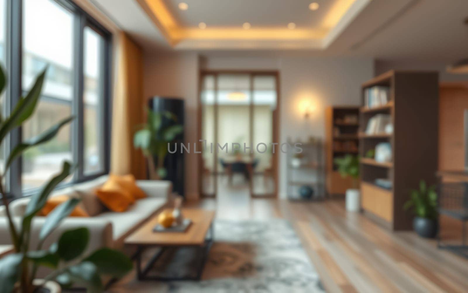 Cozy living room features large windows allowing ample natural light. Modern furniture, elegant decor, and vibrant plants create a welcoming atmosphere for relaxation and gatherings.