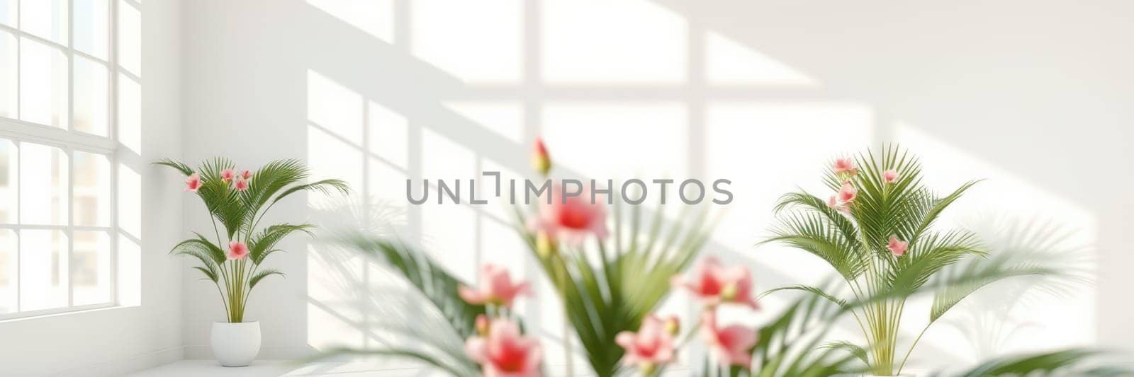 An indoor space filled with natural light highlights vibrant green plants and delicate pink flowers, creating a refreshing and inviting atmosphere during the day.