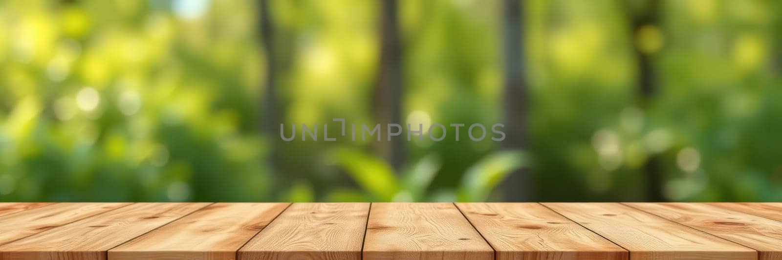 A rustic wooden tabletop showcases its grain and texture against a beautifully blurred backdrop of lush green foliage. The soft daylight enhances the natural colors, creating a serene atmosphere.