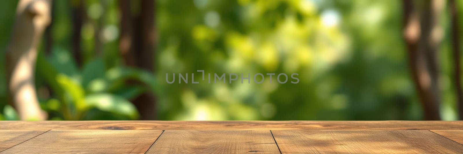 A rustic wooden table is placed outdoors, surrounded by vibrant green foliage. Sunlight filters through the trees, creating a serene atmosphere perfect for relaxation or gatherings.