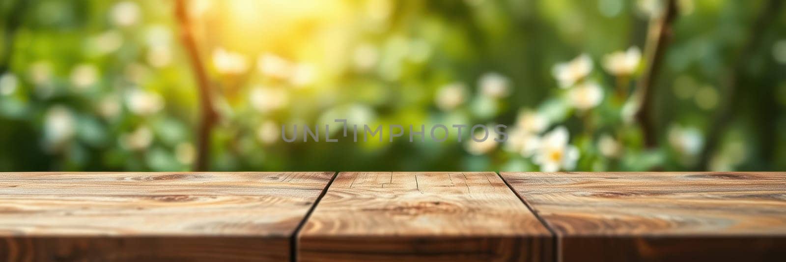 A rustic wooden table is illuminated by warm sunlight in a vibrant garden filled with blooming flowers and lush greenery on a pleasant afternoon.