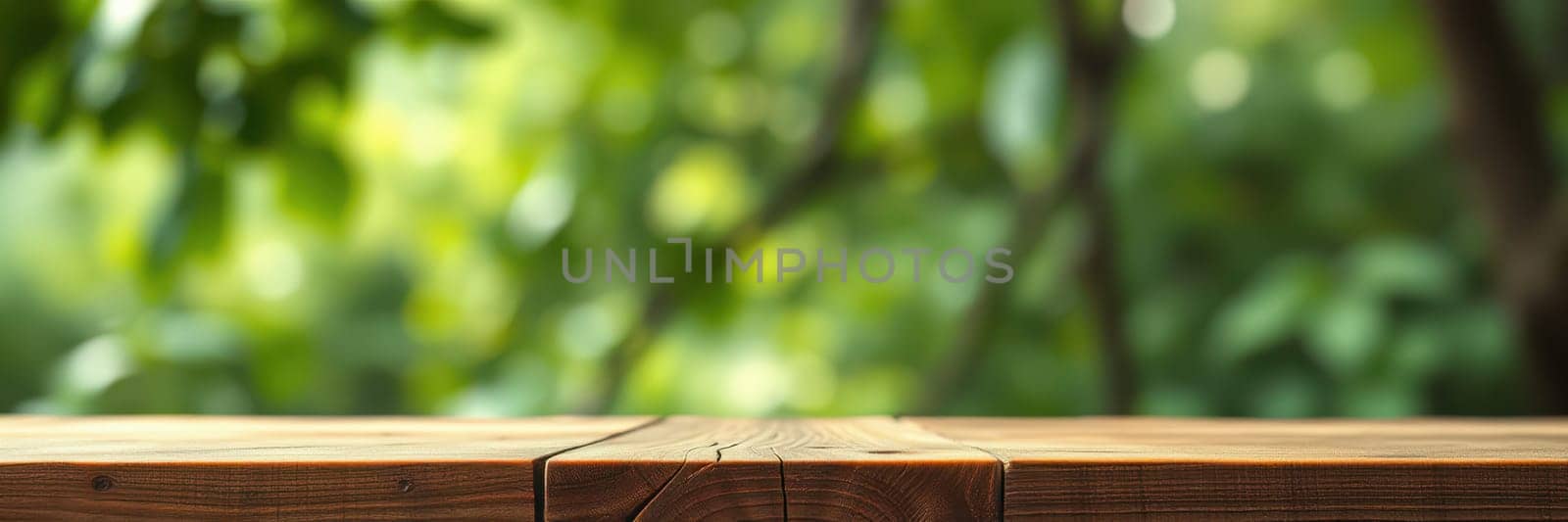 A rustic wooden table stands empty in a vibrant green forest, sunlight filtering through the trees, creating a peaceful natural atmosphere perfect for outdoor gatherings.