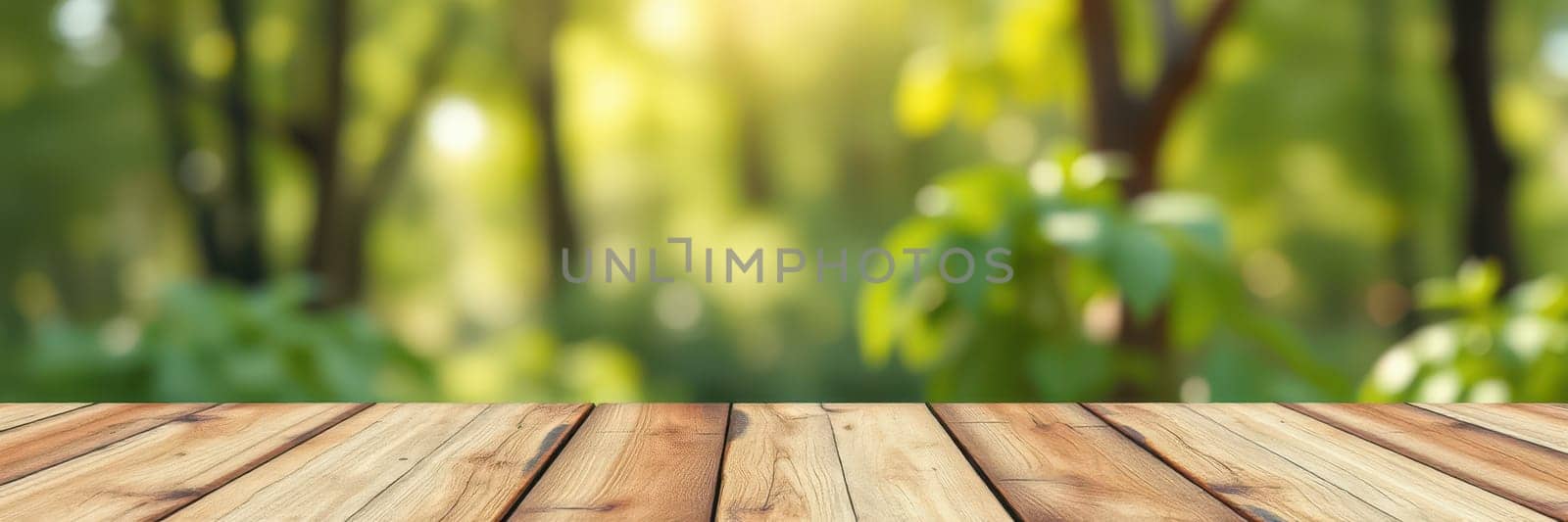 A rustic wooden table sits in the foreground, illuminated by soft sunlight filtering through vibrant green leaves. The tranquil forest background enhances the peaceful atmosphere.