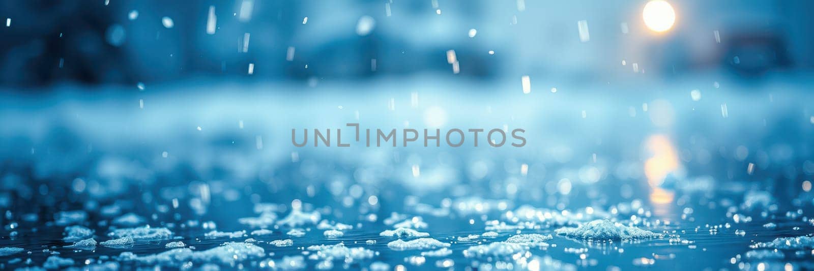 Raindrops splatter onto a reflective surface, creating beautiful ripples and reflections under soft evening light. The atmosphere is tranquil and cool.