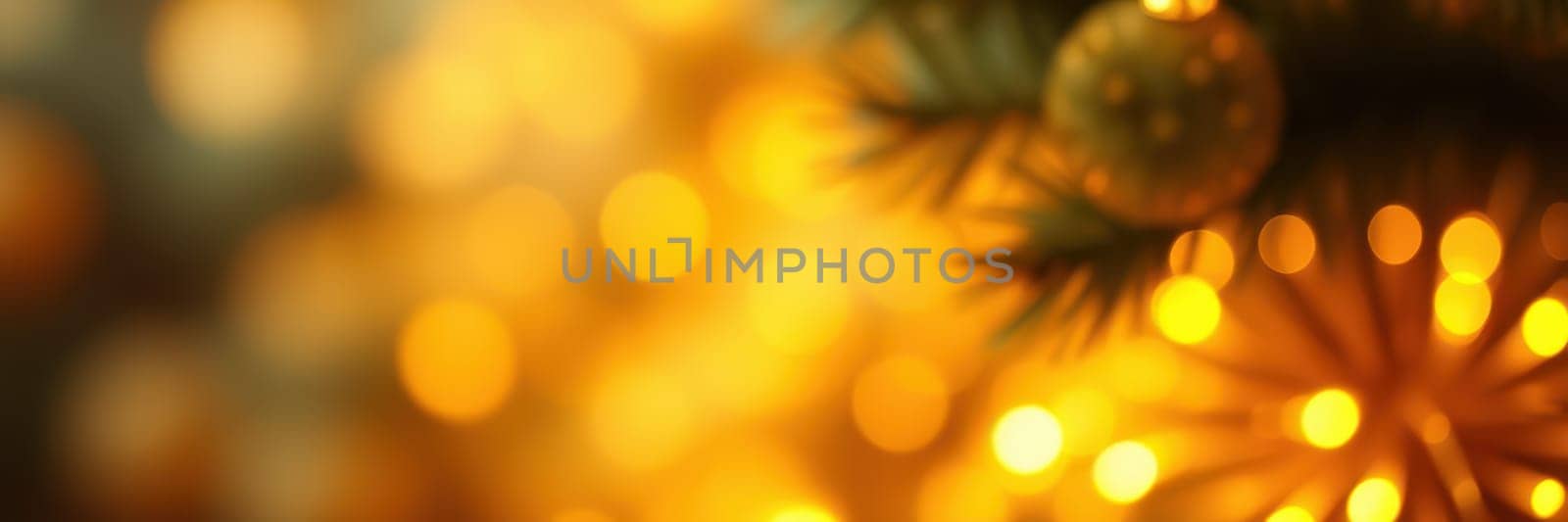 Soft golden lights twinkle on a Christmas tree adorned with ornaments, creating a warm and inviting atmosphere during the holiday season.