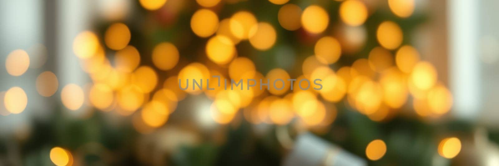 Soft golden lights twinkle on a lush Christmas tree, enhancing the cozy ambiance in a living room adorned with seasonal decorations during the holiday festivities.