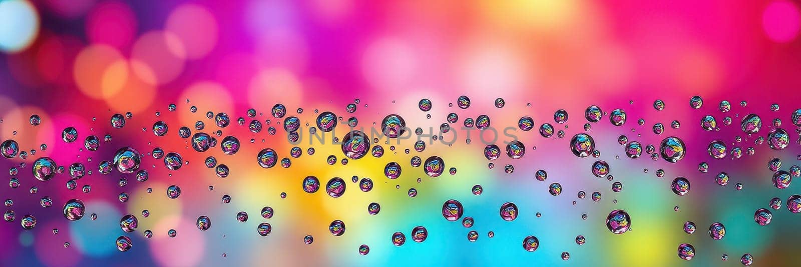 A vibrant and colorful abstract background features numerous water droplets reflecting light against a soft, blurred backdrop. The composition creates a lively atmosphere.