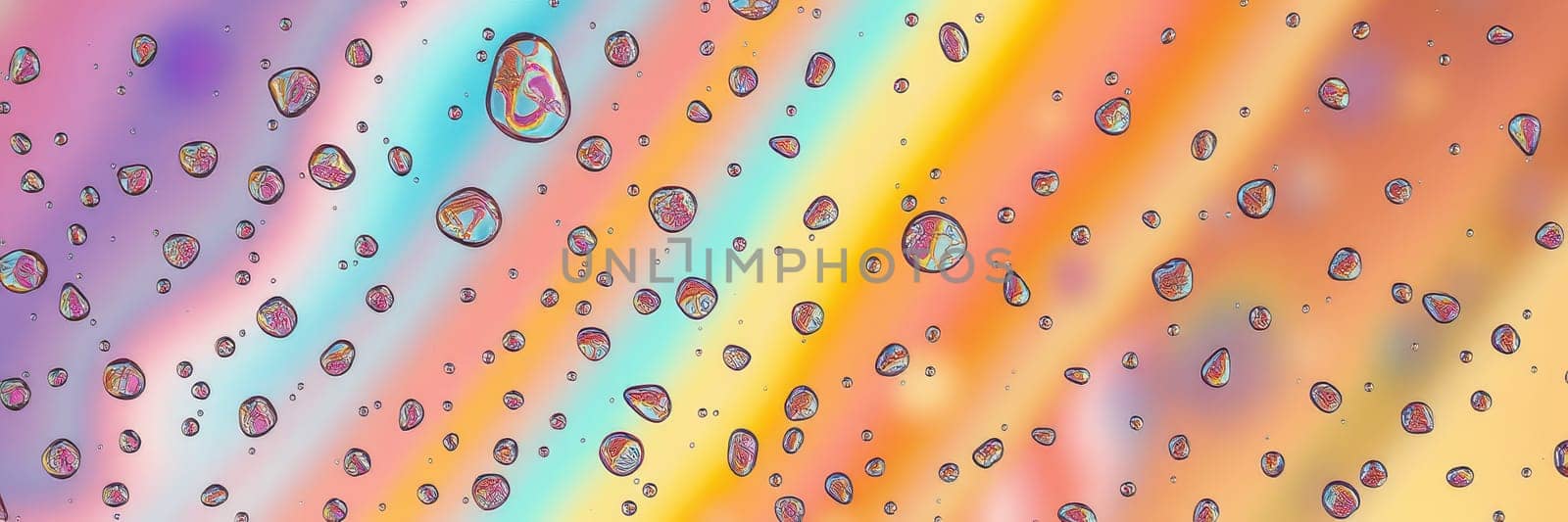 Raindrops glisten on a vibrant, abstract backdrop featuring soft pastel colors. Light refracts through each droplet, creating a stunning visual effect.