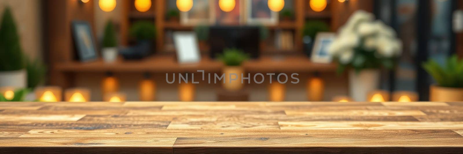 A rustic wooden tabletop is prominently featured in a cozy cafe that exudes warmth through soft lighting and indoor plants, creating a relaxing ambiance for visitors.