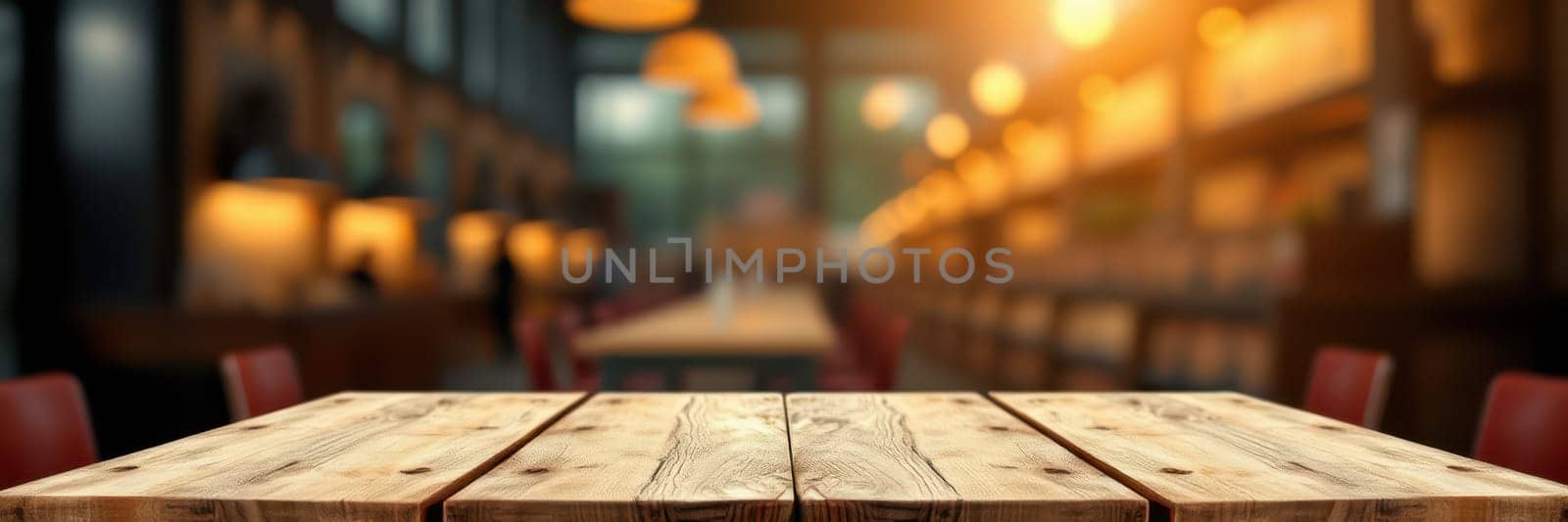 A wooden table stands at the forefront of a cozy cafe, softly illuminated by warm lights. The background is busy with patrons and softly blurred, creating a welcoming atmosphere at sunset.