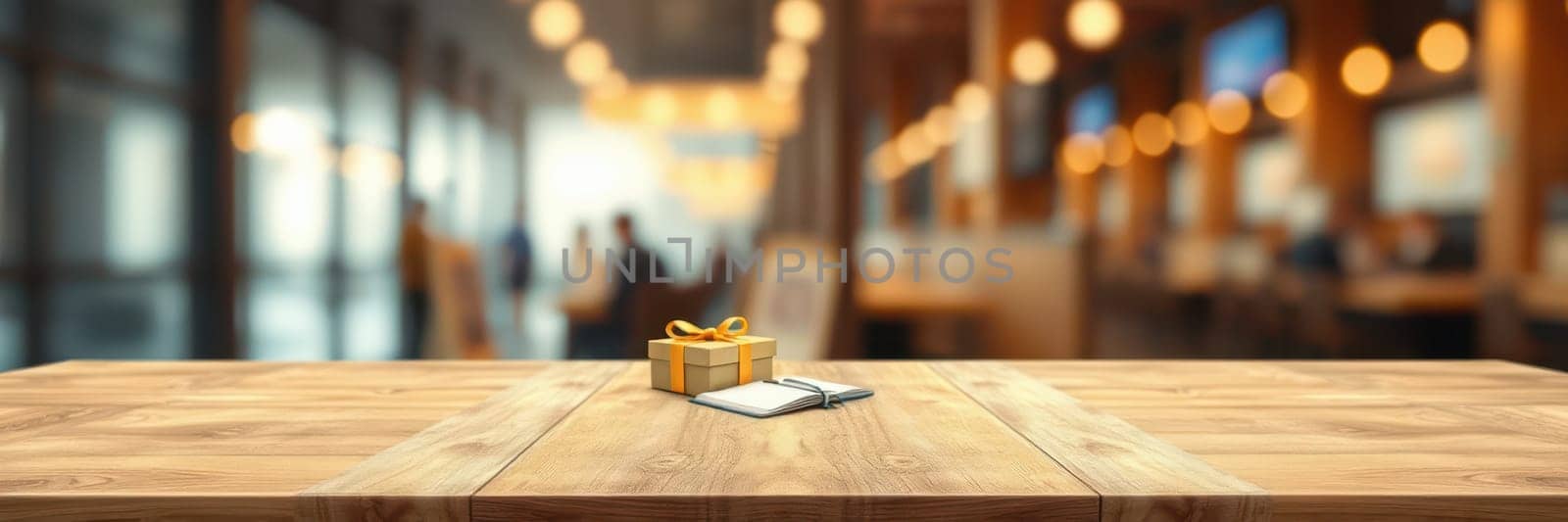 A rustic wooden table inside a warm coffee shop holds a small gift box and an open notebook. Soft lighting surrounds the space, creating a comfortable atmosphere for patrons.
