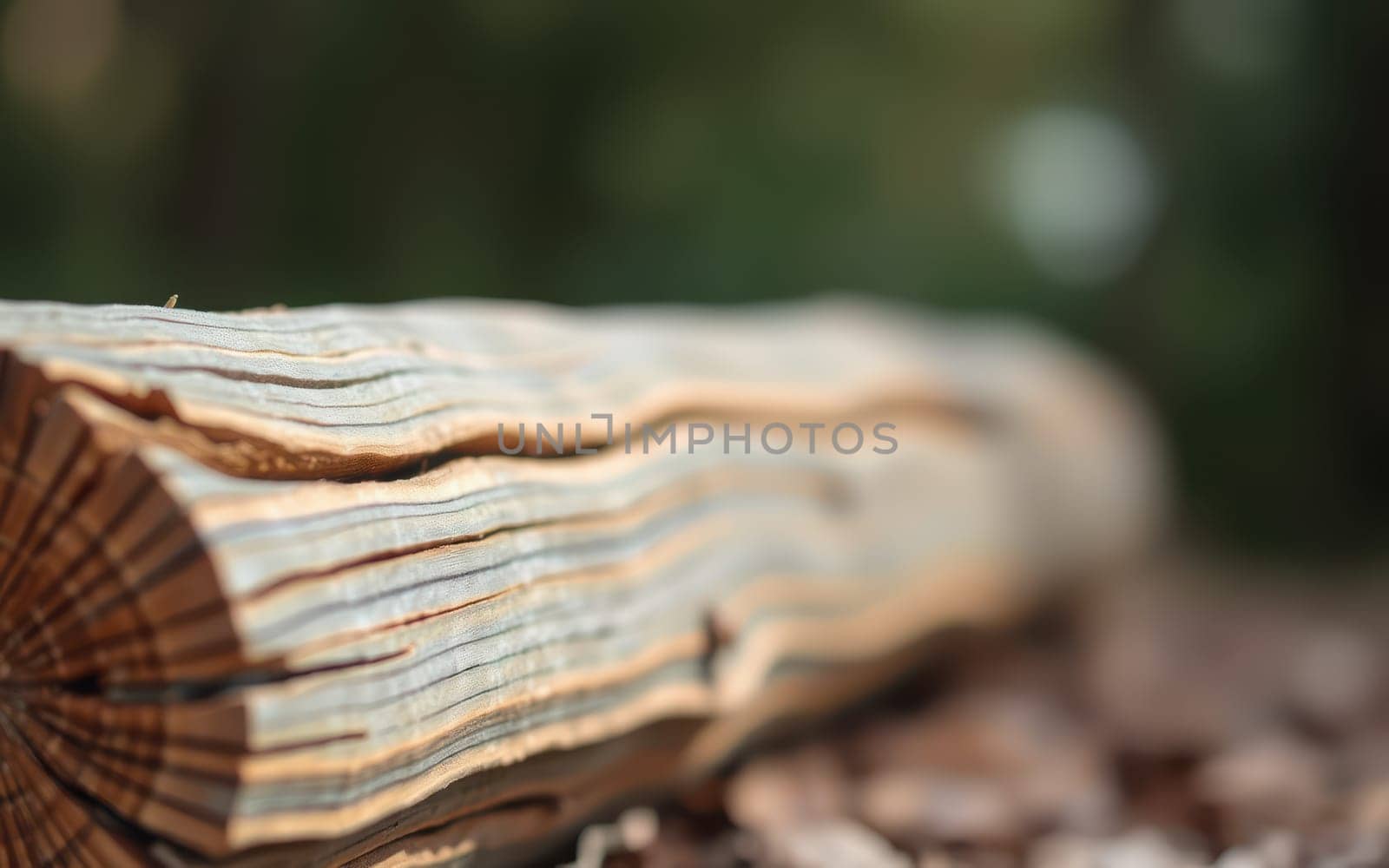 A close-up view captures the textured surface of a weathered log resting on the ground. Blurred greenery creates a natural backdrop, emphasizing the log's details.