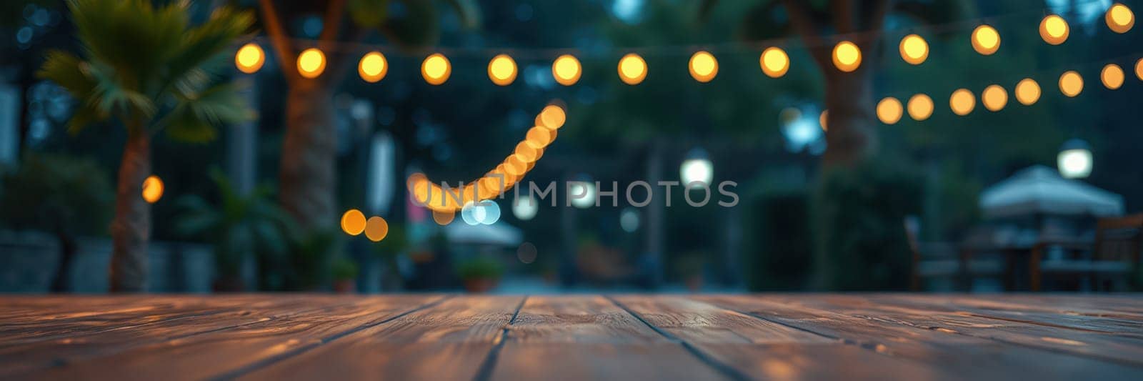 Soft glowing lights hang above a wooden deck, creating a cozy ambiance in an outdoor dining space. The twilight setting enhances the warm, inviting mood for guests.