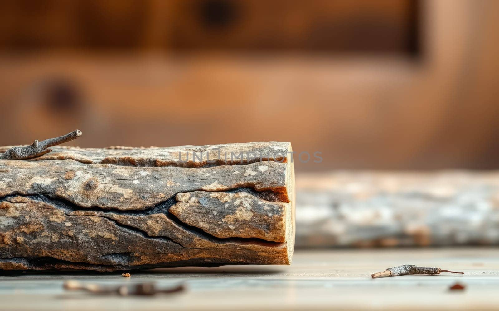 A rustic wooden log lies on a smooth surface, highlighting its natural texture and patterns. The warm tones create a cozy atmosphere, complemented by soft natural lighting.