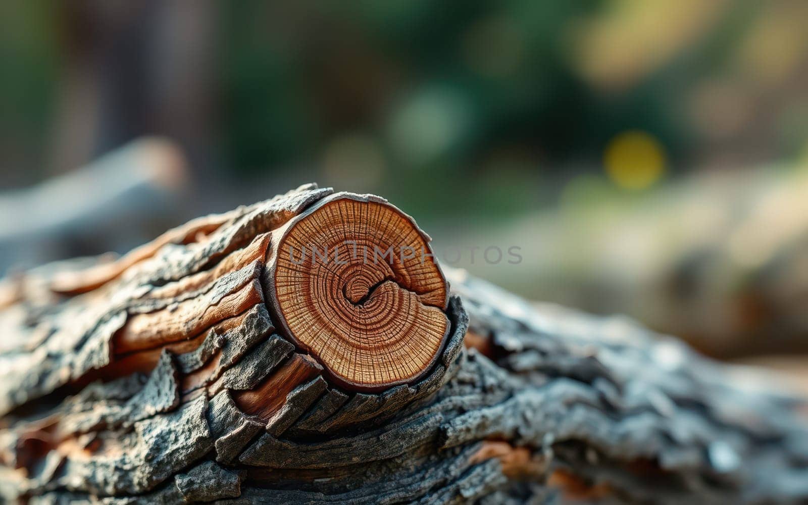 A close-up view of a cut log reveals intricate growth rings and bark texture, highlighting the beauty of nature in a tranquil outdoor environment.