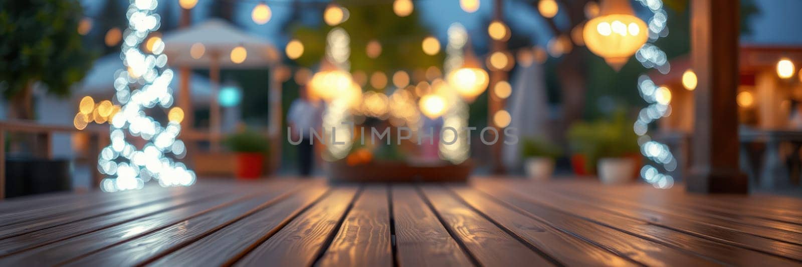 Guests enjoy a cozy evening outdoors as decorative lights cast a warm glow over the wooden deck. The inviting atmosphere is perfect for socializing and relaxation.