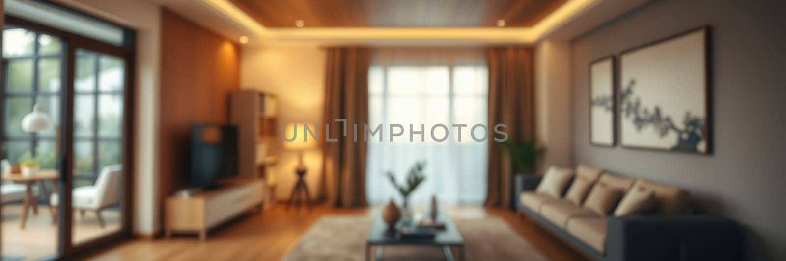 A stylish living room features a comfortable sofa, wooden flooring, and large windows allowing ample natural light. Decorative elements enhance the inviting atmosphere.