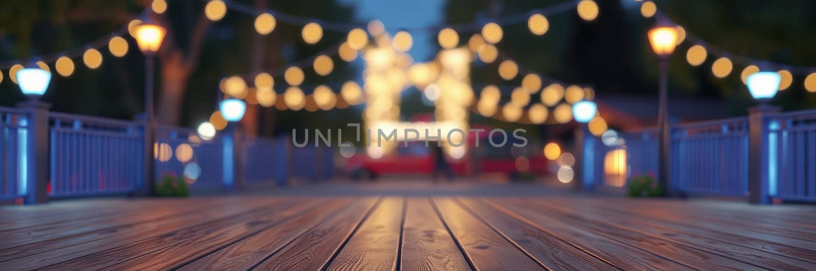 Wooden boardwalk leads into a festive scene filled with warm fairy lights, creating a cozy and inviting ambiance for evening gatherings and strolls.