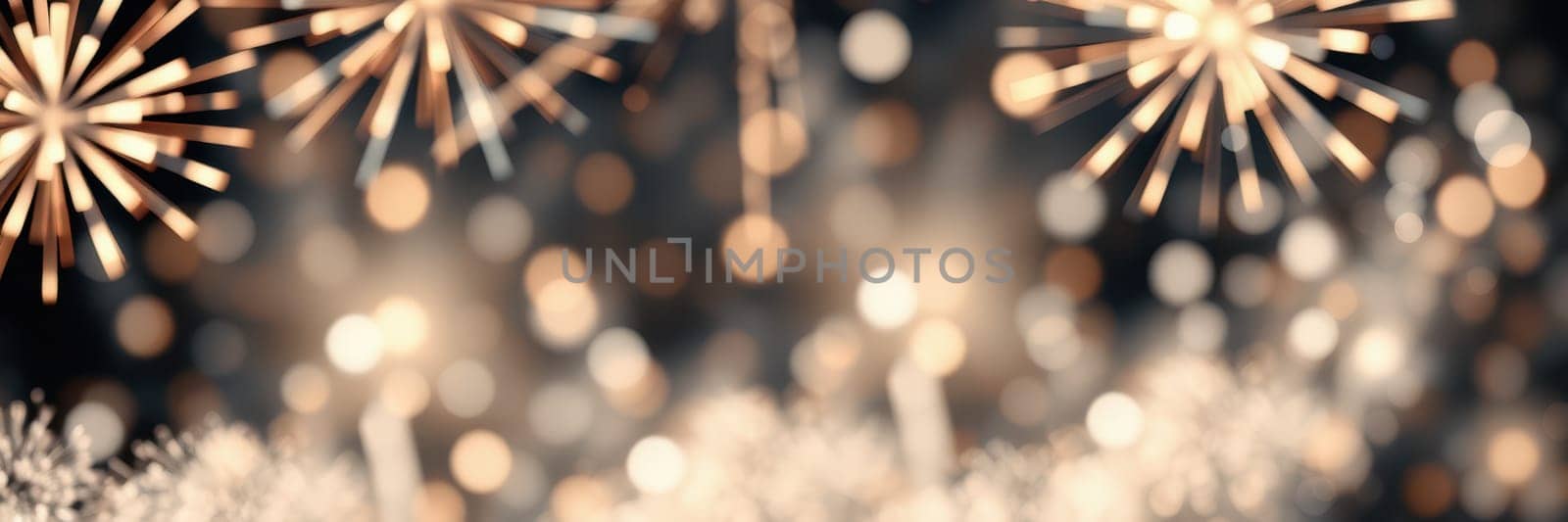 Bright fireworks burst in various colors against a dark background, creating a lively atmosphere during a nighttime celebration. Twinkling lights add to the festive mood.
