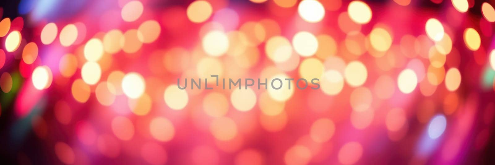 Bright bokeh lights in shades of red and orange fill the atmosphere, enhancing the lively ambiance at a celebration held indoors during the evening.